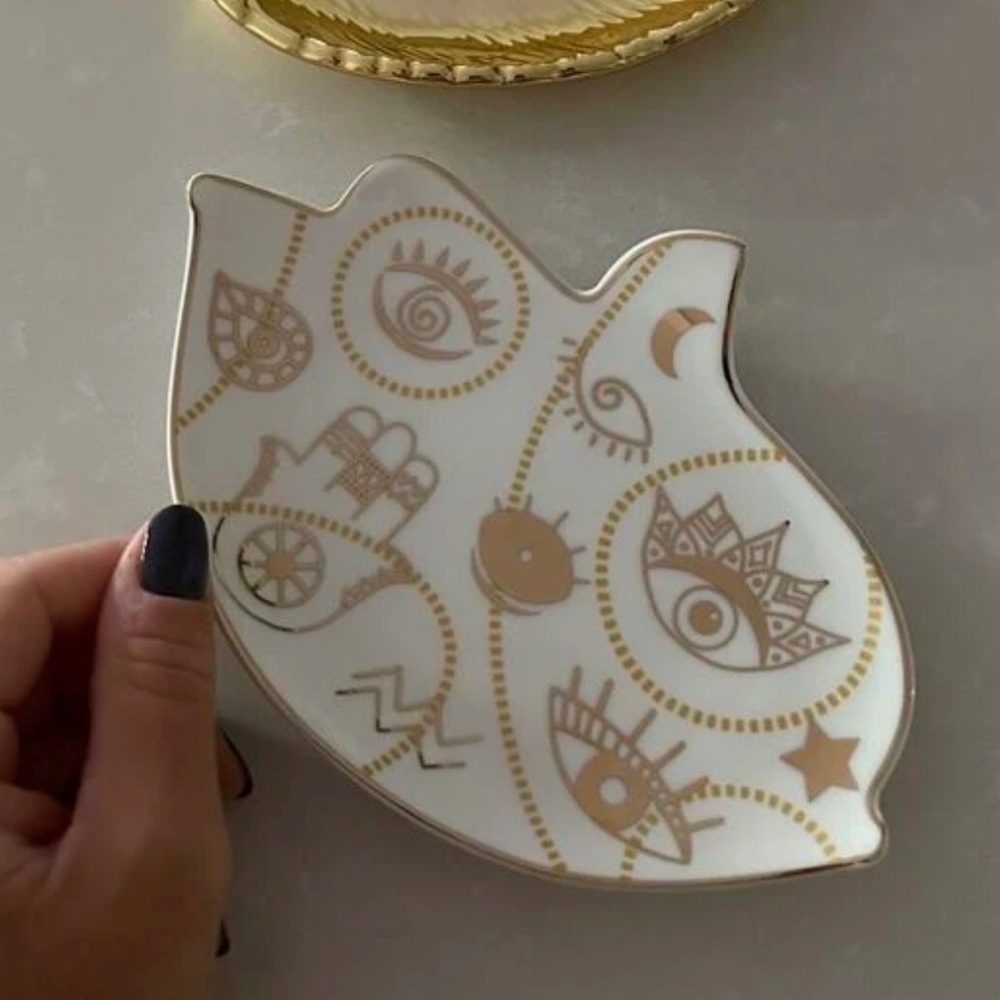 New Ceramic Hamsa Hand Evil Eye Gold Illustrative Jewelry Tray ~ Trinket Tray - Picture 7 of 12